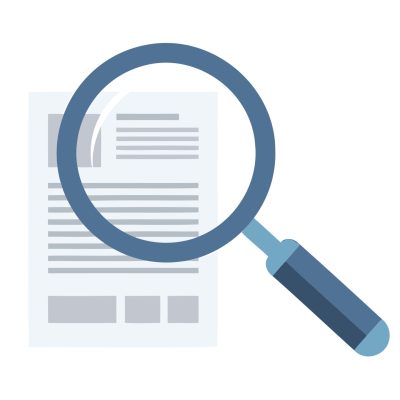 Magnifying glass examines document with lines and rectangles on white background symbolizing search and investigation